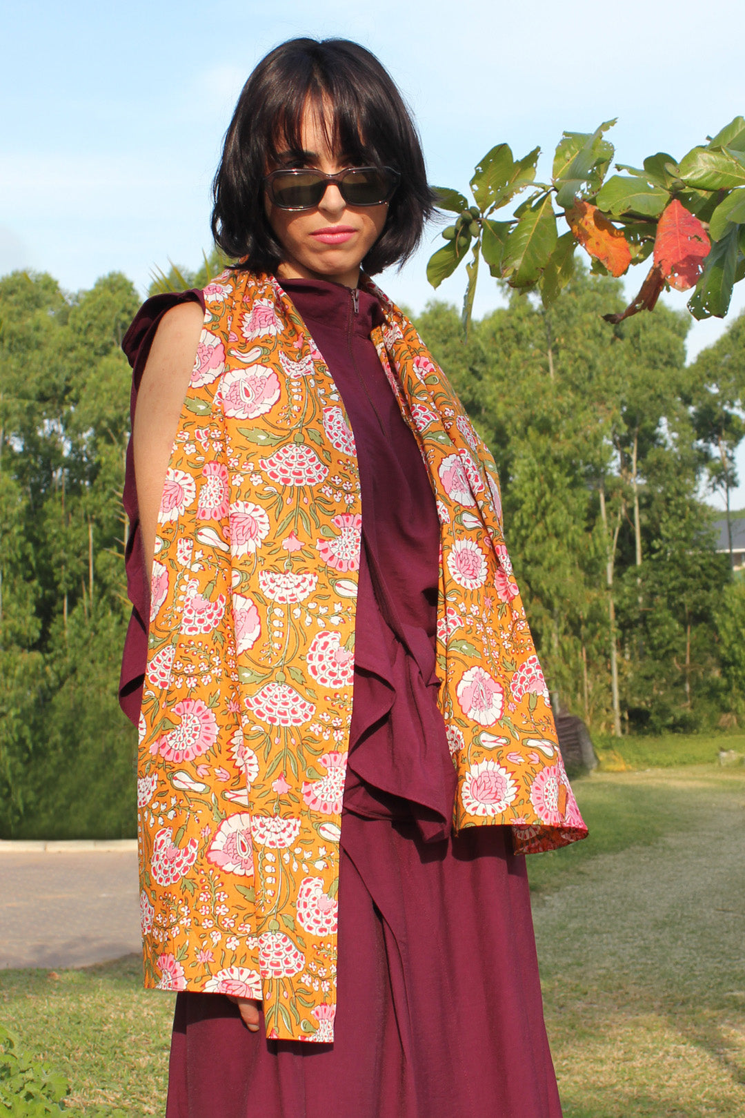 Mustard Floral Voile Scarf