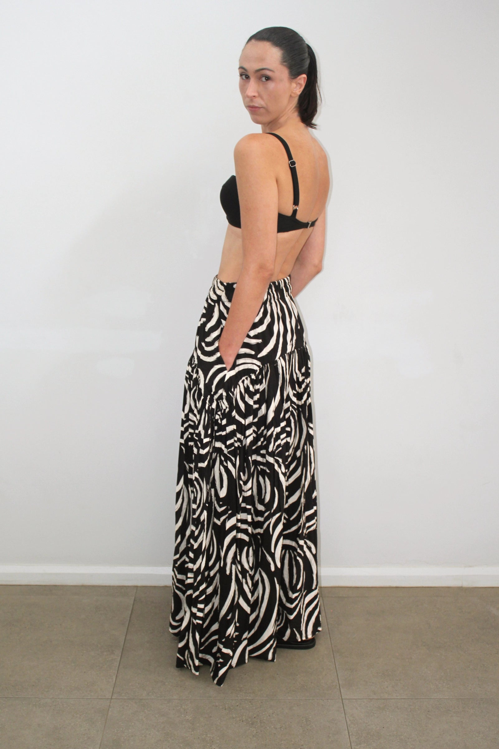 New Cat Skirt in Black And Cream Tencel