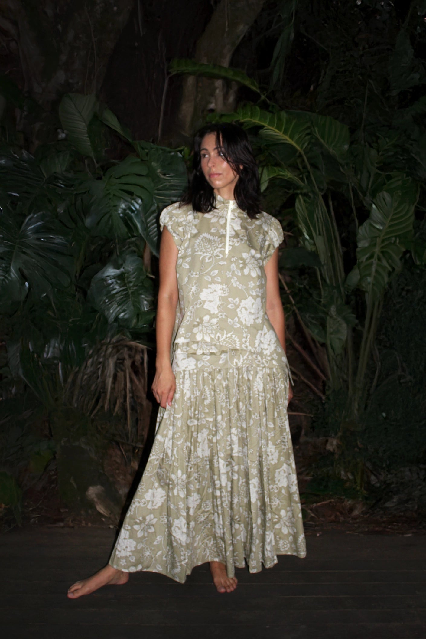 Cat Top in Stone Cotton Floral