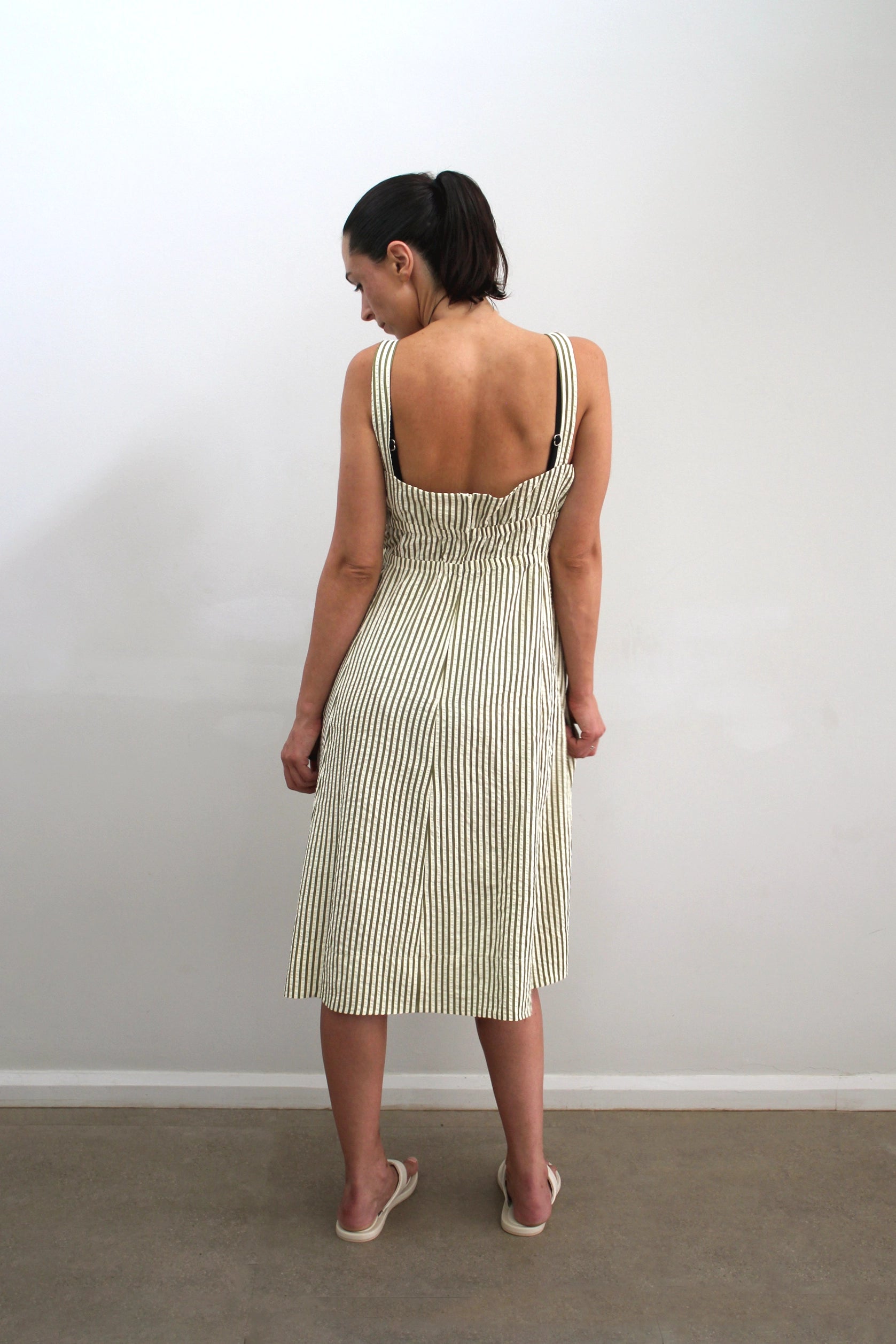 New Toni Dress in Olive Stripe Seersucker