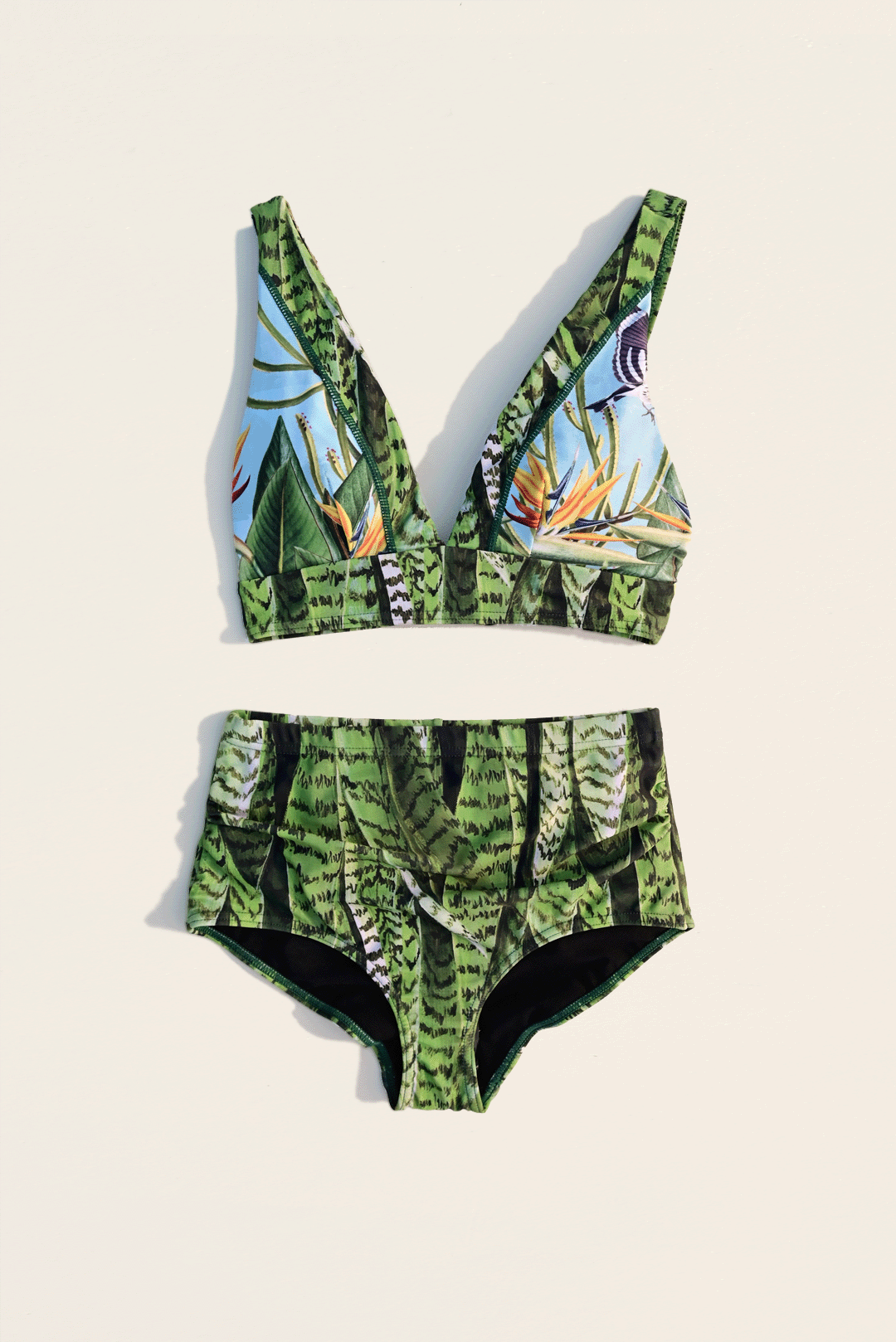 Flora & fauna design two-piece bikini flat-lay photograph