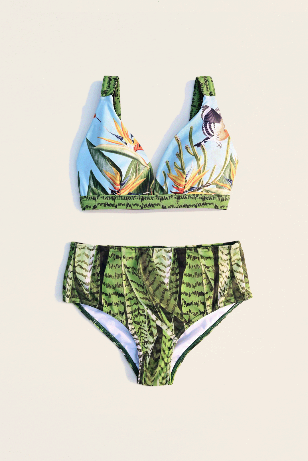 Flora & fauna design two-piece bikini flat-lay photograph